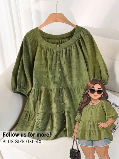 CosyJoli Plus Size Women's Solid Color Raglan Sleeve Button Design Pleated Casual Shirt Casual Vacation Daily Going Out Green Blouse Shirt For Women Daily Wea