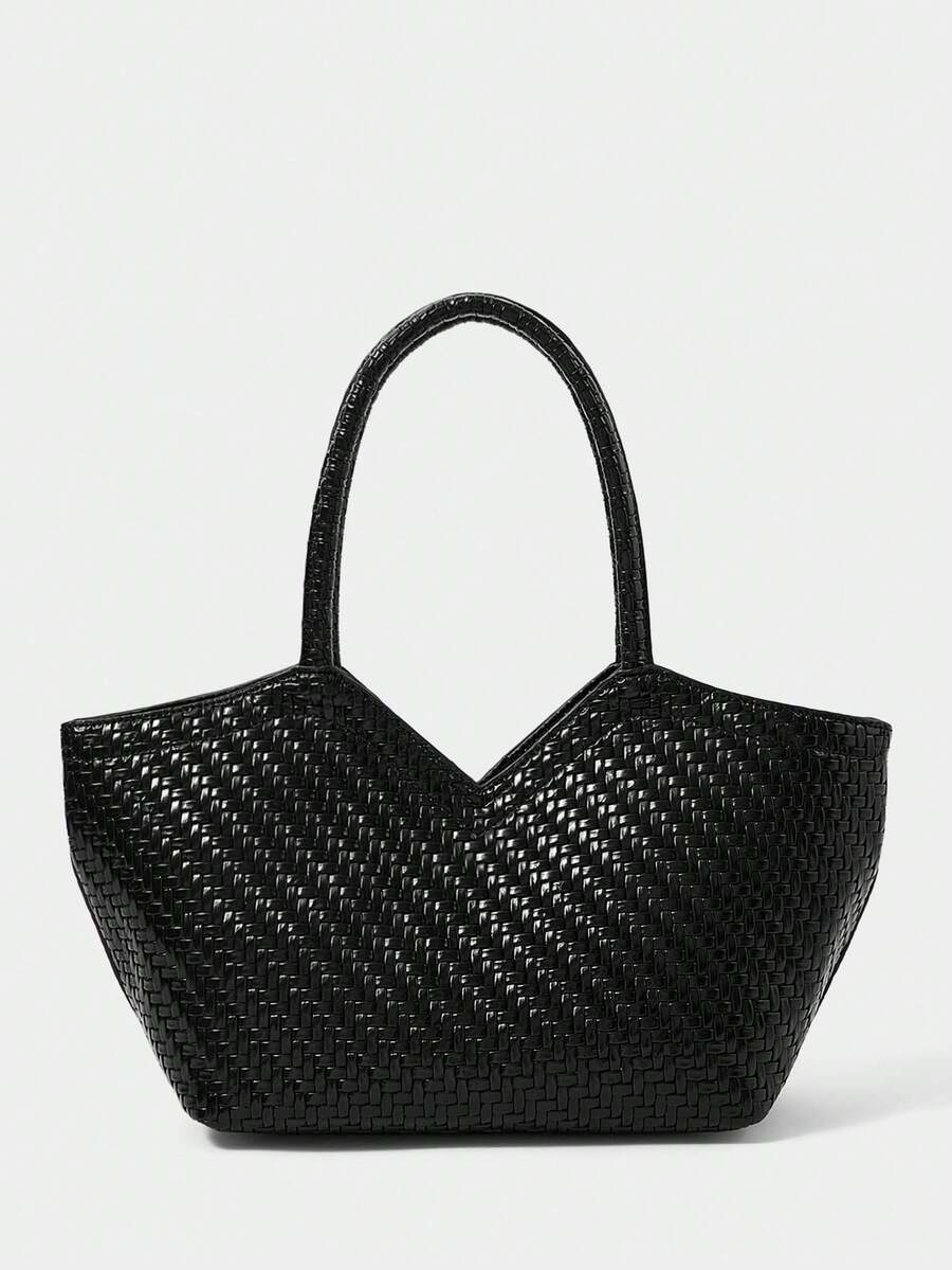 SHECARRY Women's Fashion Black Tote Bag, Exquisite Simple Handbag, Retro Woven PU Large-Capacity Shoulder Bag, For Commuting, Vacation, Daily, Shopping - Black - View 1