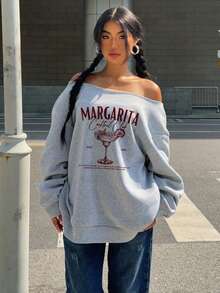 SHEIN EZwear Light Gray Women's Off-Shoulder Loose Casual Long Sleeve Sweatshirt With Cocktail Glass Print Pattern - Light Grey - View 6