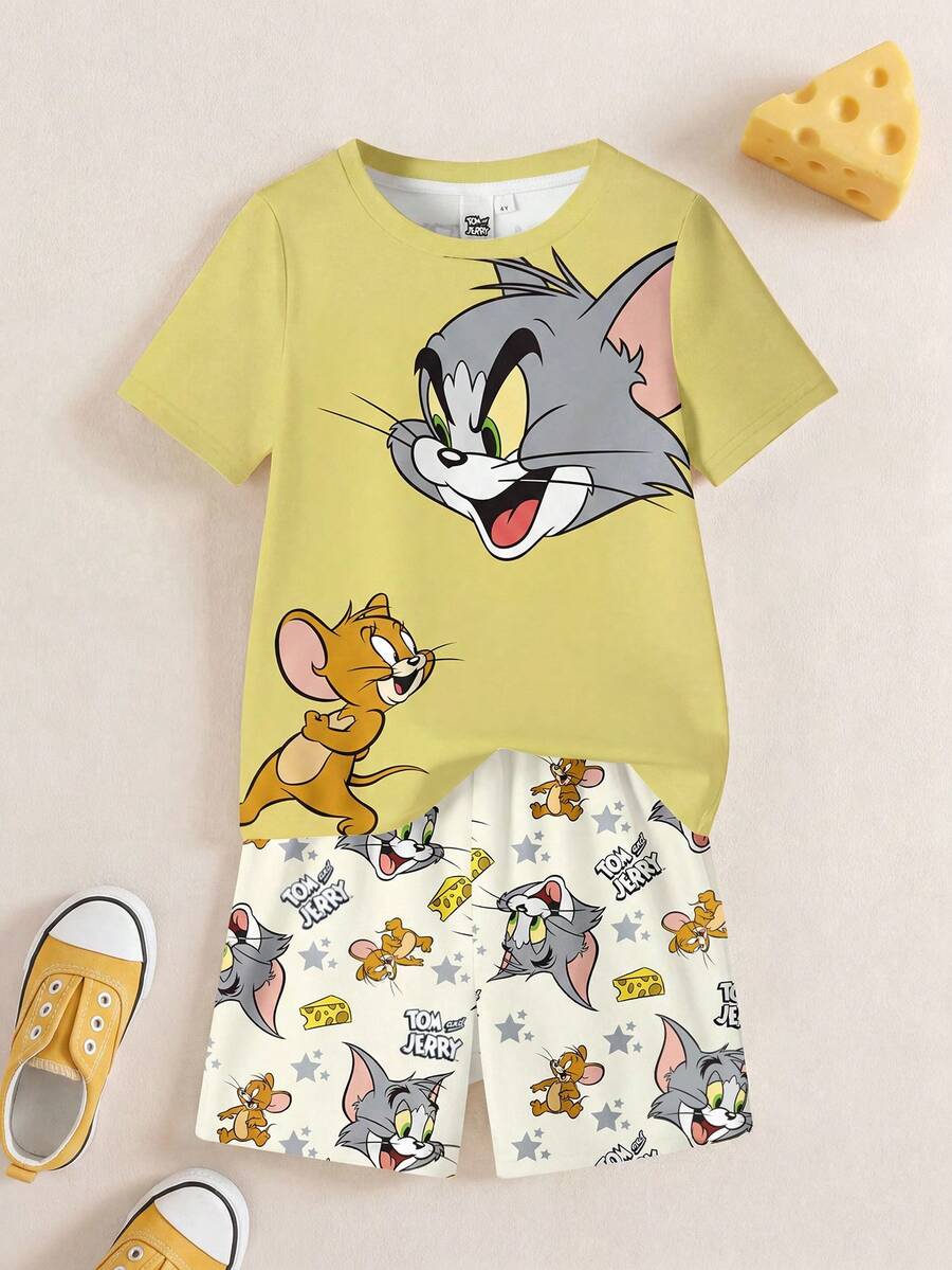 TOM & JERRY X SHEIN 男童卡通图案圆领短袖T恤短裤套装,夏季 - 白色 - 查看 1