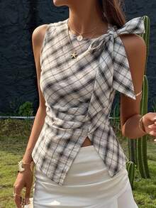 DAZY Women's Round Neck Plaid Korean Style Sleeveless Bow Blouse Summer - Black and White - View 8