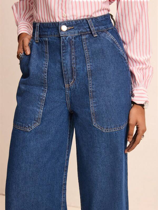 Daynim Calça Denim Feminina de Cintura Alta, Perna Reta, Solta, Casual e Versátil com Bolsos