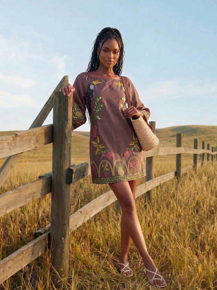 CAJUNI Vacation Casual Tropical Print Mini Dress - Brown - View 1