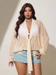 Viva Relle Plus Size Beige Textured Lace Tie-Front Sheer Sun Protection Soft Style Beach Vacation Outerwear Thin Top - Apricot - View 4