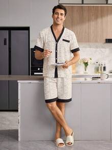 CoupledUp Men's Floral Print Patchwork Solid Color Contrast Short Sleeve Shorts Loungewear Set Lounge Home White Summer Baggy - Multicolor - View 7