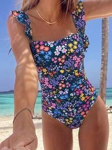 Swim Vcay 女款夏季海灘度假成熟風隨機碎花印花荷葉邊飾抹胸前腰抽褶顯瘦連身泳衣 - 彩色 - 查看 1