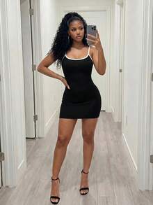 BamGleam Seamless Knit Sexy Casual Colorblock Bodycon Dress Everyday Black And White Striped Summer - Black - View 3