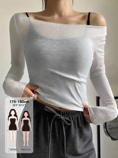 Dazy Tall Women's Square Neck Slim Fit Long Sleeve Semi-Sheer Pullover T-Shirt