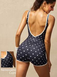 VARSIVA Women's Polka Dot Print Backless Sleeveless Athletic Romper - Black and White - View 1