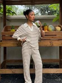 Muchica Women's Striped Drop Shoulder Sleeve T-Shirt And Pants Casual 2-Piece Set - Brown - View 6