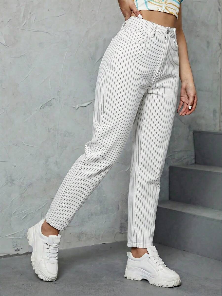 SHEIN ICON 女款條紋口袋休閒通勤牛仔媽媽牛仔褲 - 黑與白 - 查看 1