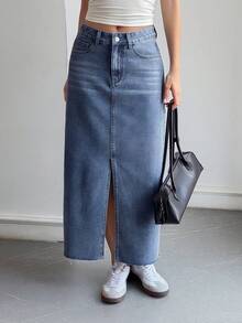 DAZY Distressed Washed Split Hem Straight Long Skirt Casual Vacation Spring Autumn Women's Denim Skirt School - Blue - View 3