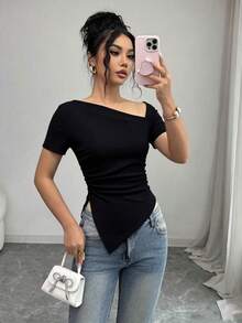 SHEIN 女款夏季短袖不對稱針織提花T恤 夜店風 黑色 性感 - 黑色 - 查看 2