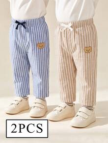 SHEIN Playful Pals Set 2 Potong Celana Panjang Bayi Laki-laki dengan Pinggang Elastis, Motif Beruang, dengan Pita Dekoratif, Cocok untuk Jalan-jalan, Gaya Jalanan, Pakaian Sehari-hari, Seragam Tim, Serbaguna dan Nyaman - MultiWarna - View 3