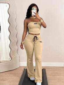 BamGleam Women's Denim Ruched Bandeau Top And Long Pants Casual Athleisure Daily Workout Active 2 Pieces Set Workout Active Tan Summer Tan - Khaki - View 3