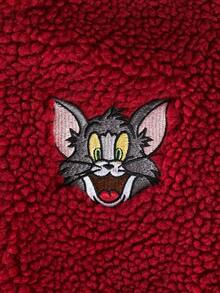 TOM & JERRY X SHEIN Tween Girl Cartoon Pattern Teddy Fleece Hooded Jacket - Burgundy - View 9