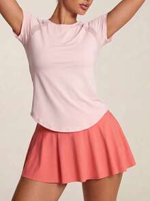 SHEIN BAE Activina Women Solid Color Round Neck Raglan Sleeve Short Sleeve Sports T-Shirt Gym Shirts - Pink - View 6