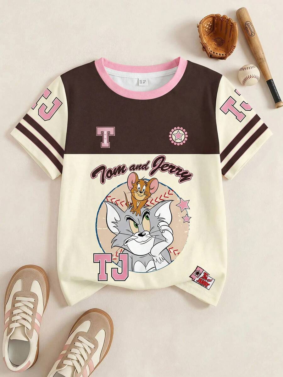 TOM & JERRY X SHEIN 女童拼色拼接卡通印花T恤 - 白色 - 查看 1