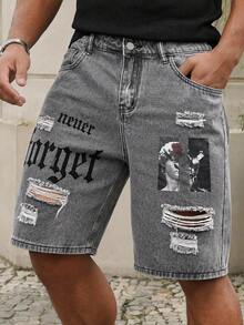 Manfinity EZcore Plus Size Men's Letter Print Pocket Distressed Denim Shorts - Grey - View 7