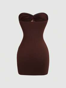 Sweetra Black Lace Patchwork Sexy Bodycon Strapless Waist-Cutout Twist Front Dress - Brown - View 2