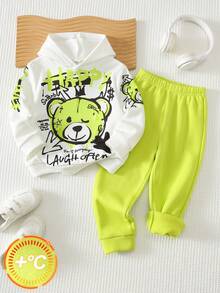 SHEIN Kids Men's Casual 2 Pieces Sweatshirt And Joggers Set With Fun Bear Print For Everyday Wear Back To School Green Autumn - Multicolor - View 3