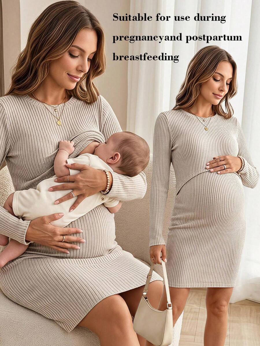 SHEIN Women's Maternity Brown Crew-Neck Long-Sleeve Slim-Fit Casual Soft Form Dress Nursing Function Autumn Homewear Breastfeeding Postpartum - Khaki - View 1
