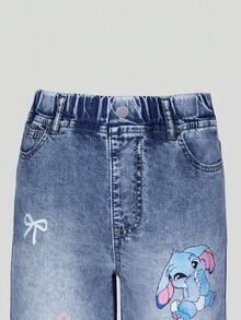 Tween Girls Denim Jeans,Blue Autumn Cute School Casual Rabbit Print,Loose Wide Leg,Comfortable Cotton,Daily Wear,Commute,Available In All Seasons - Blue - View 7