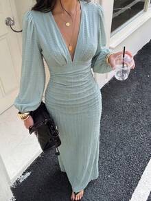 Modelyn Spring/Autumn Fashion Elegant Versatile Date Jacquard V-Neck Ruched Waist Slimming Long Dress For Women - Green - View 2