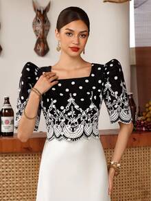 Zaforene Women's Polka Dot Floral Embroidered Pattern Casual Vintage Elegant Daily Wear Garden Party Tea Party Anniversary Blouse Black White Autumn - Apricot - View 5