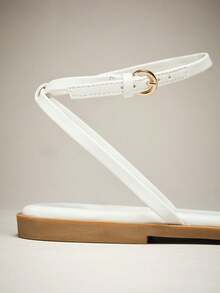 SHUZIA Women's Electroplated Gold TPU Strap Off White Ankle Wrap Ring Toe Flat Sandals – Elegant, Minimalist & Luxurious Everyday Style. - White - View 6