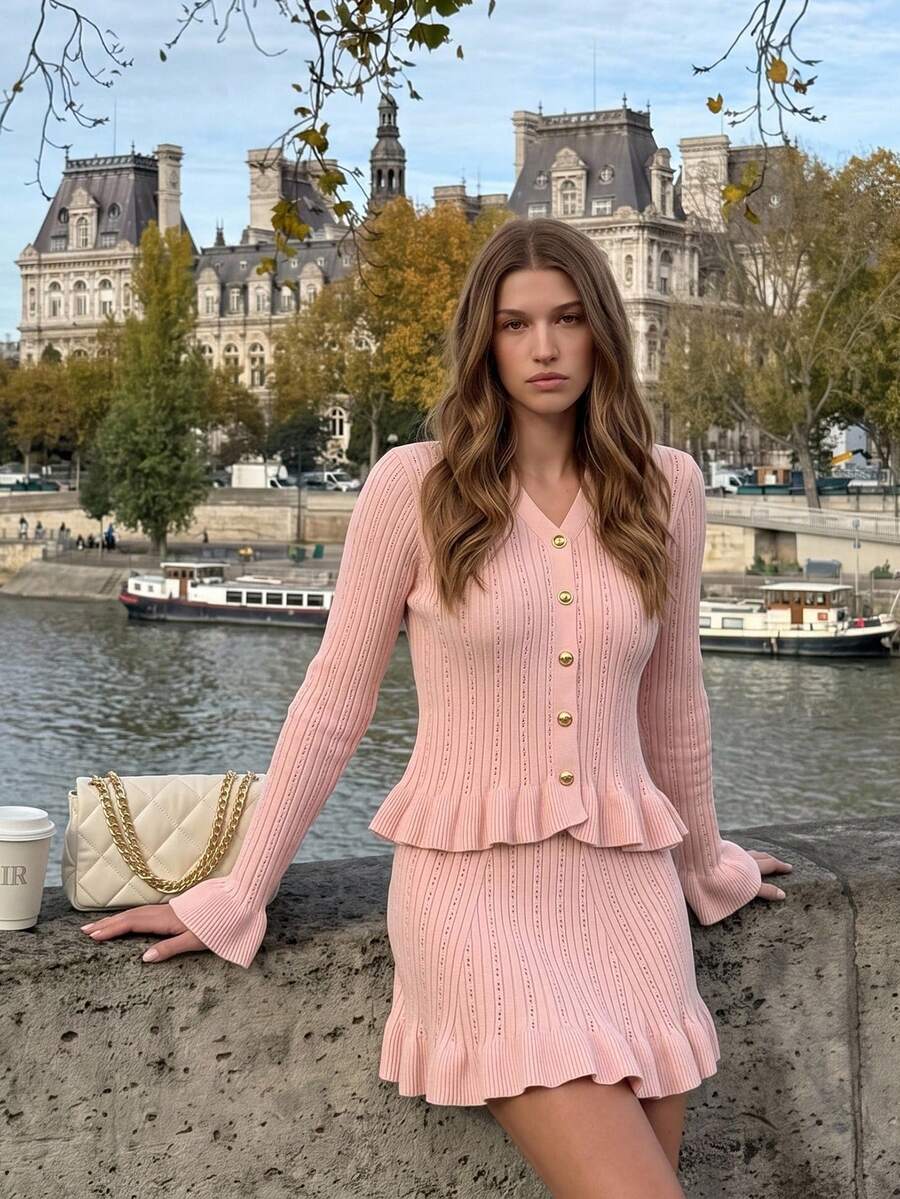 Enchnt Premium Pre-Fall Romantic Women's Pink Elegant Ruffle Hem Cardigan 2pcs/Set Top & Mini Skirt,Back To School,Casual Sets For Women,Work Outfits - Pink - View 1