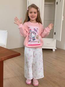 HELLO KITTY | DAZY Cute Round Neck KT Cat Pattern Thermal Lined Loose Long Sleeve Autumn/Winter Sweatshirt For Young Girls - Pink - View 5