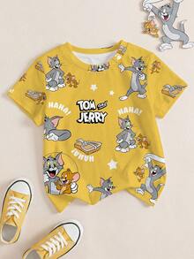 TOM & JERRY X SHEIN Camiseta de manga corta con cuello redondo con estampado de dibujos animados y letras para niños, verano - Blanco - Ver 1
