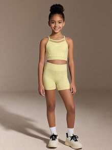 SHEIN Tween Girls Yellow Sports Set, Mesh Patchwork Design Sports Top + Sports Shorts, Tight High Elastic Fabric Comfortable Fit 4-Way Stretch, Glowmode - Yellow - View 4