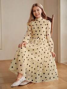Anewsta Girls' Elegant Fashion Black Polka Dot Stand Collar Ruffle Puff Sleeve Long Sleeve Apricot Dress, Spring/Autumn Long Sleeve Dress. Suitable For Daily Wear. - Apricot - View 7