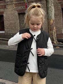 DAZY Young Girl Solid Color Bowknot Decor Zipper Casual Versatile Winter Cotton Padded Vest Fall - Black - View 7