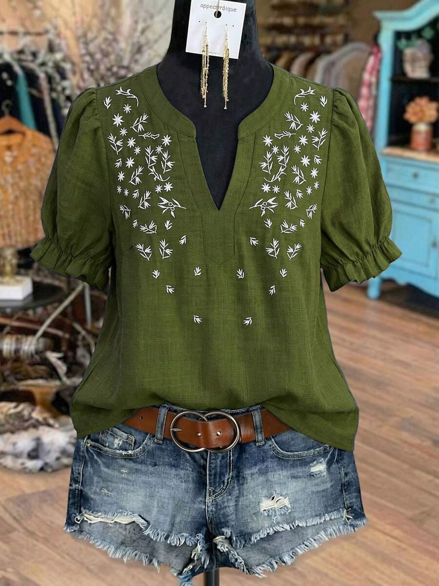 SHEIN LUNE CURVE 大尺碼女款刺繡春夏季浪漫時尚百搭休閒通勤襯衫 - 軍綠色 - 查看 1