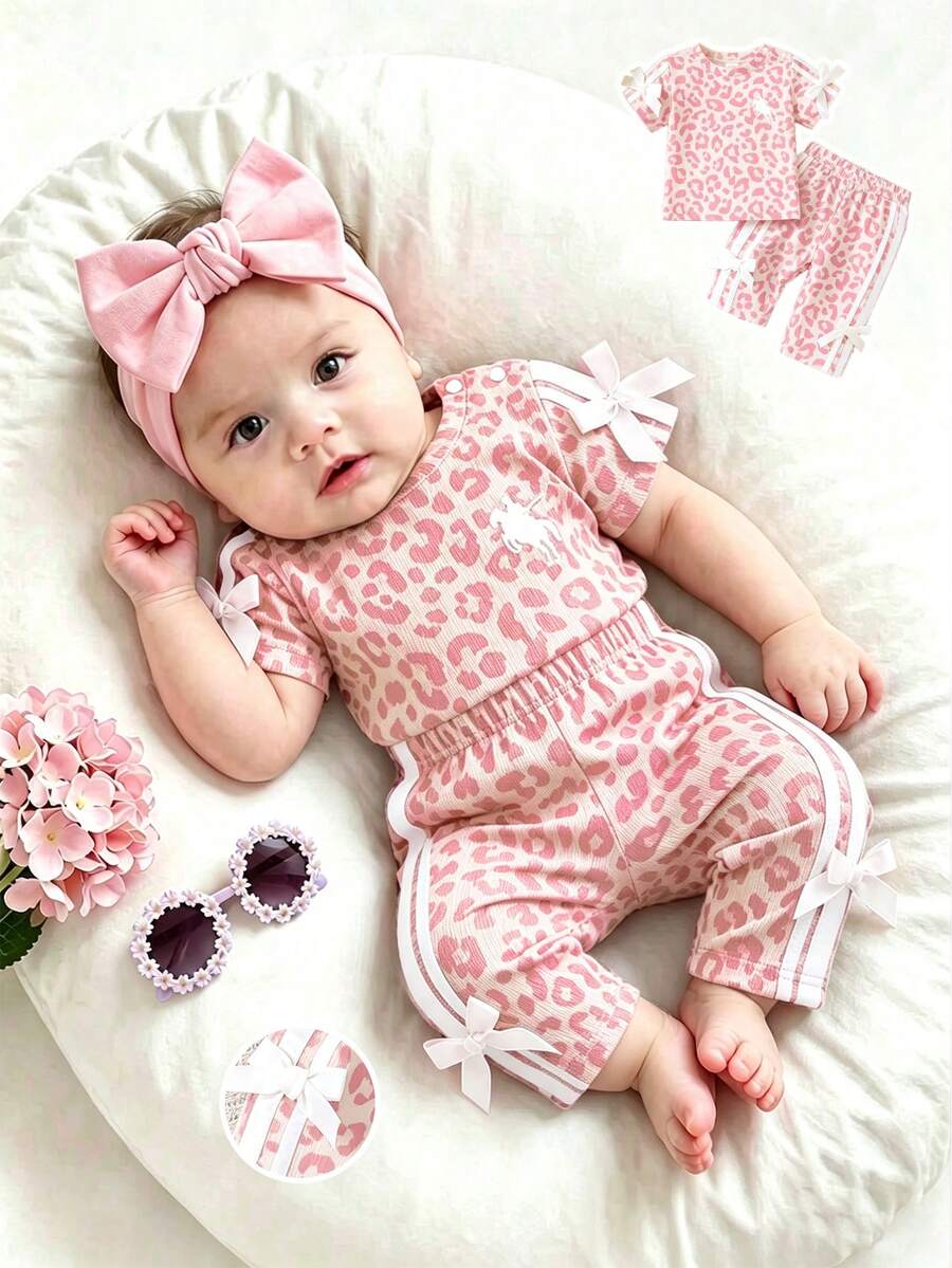 SHEIN 新生女嬰粉黑時尚套裝 短袖上衣搭配3D蝴蝶結 可愛套裝 適合0-9個月寶寶 - 彩色 - 查看 1