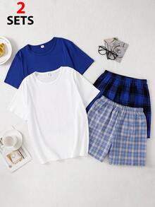 SHEIN Teen Boy Short Sleeve Top & Plaid Shorts Loungewear - Multicolor - View 1