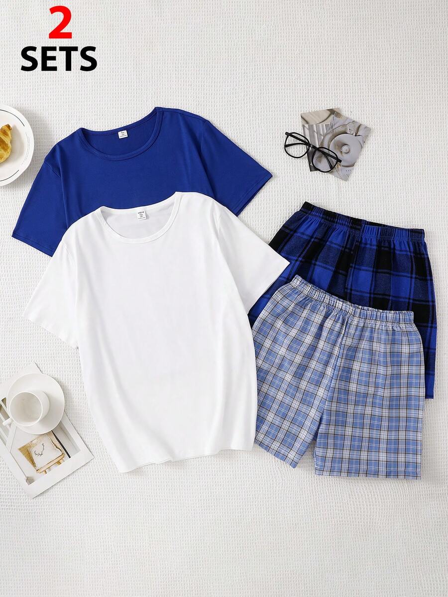 SHEIN Teen Boy Short Sleeve Top & Plaid Shorts Loungewear - Multicolor - View 1