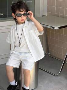 Dazy Kids 小男孩純色單排扣短袖襯衫與短褲休閒日常套裝 - 白色 - 查看 6