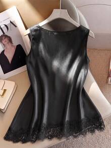 Franclia Plus Size Elegant 70's Sexy Lace Patchwork Tank Top, Black Satin French Style Vest, Suitable For Spring/Summer Commuting Evening Dating Party Night - Black - View 2
