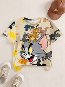 TOM & JERRY X SHEIN Camiseta de manga corta con estampado de dibujos animados para niños, estampado total - Blanco - Ver 1