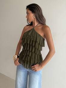 Aloruh Atasan Wanita Elegan Romantis Model Halter Neck dengan Ruffle Berlapis-lapis Warna Hijau Army untuk Liburan Pantai dan Kencan. - Hijau Tentara - View 5