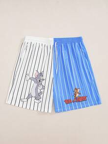 TOM & JERRY X SHEIN Men's Summer Casual Colorblock Patchwork Striped Cartoon Print Shorts - Blue - View 1