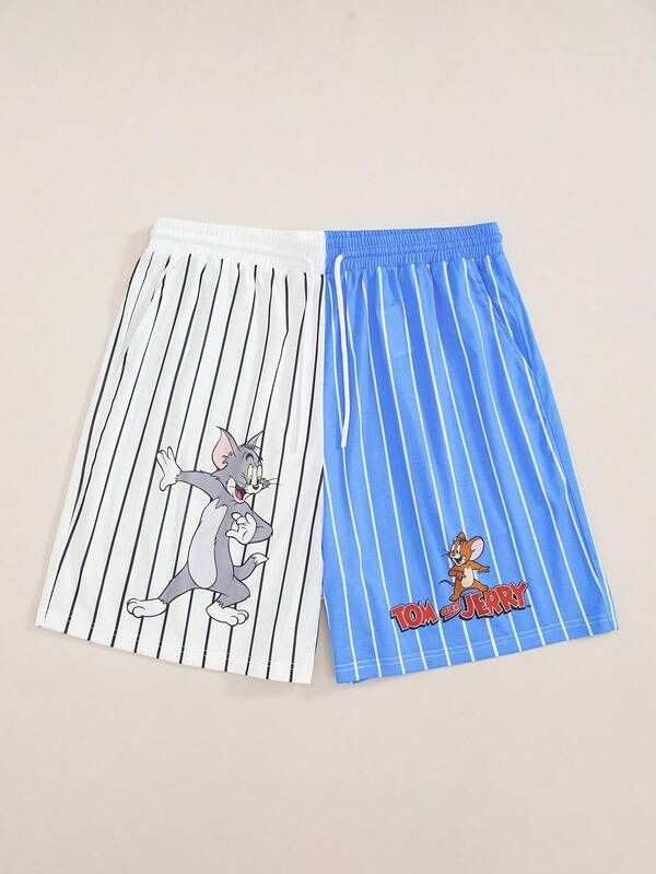TOM & JERRY X SHEIN Men's Summer Casual Colorblock Patchwork Striped Cartoon Print Shorts