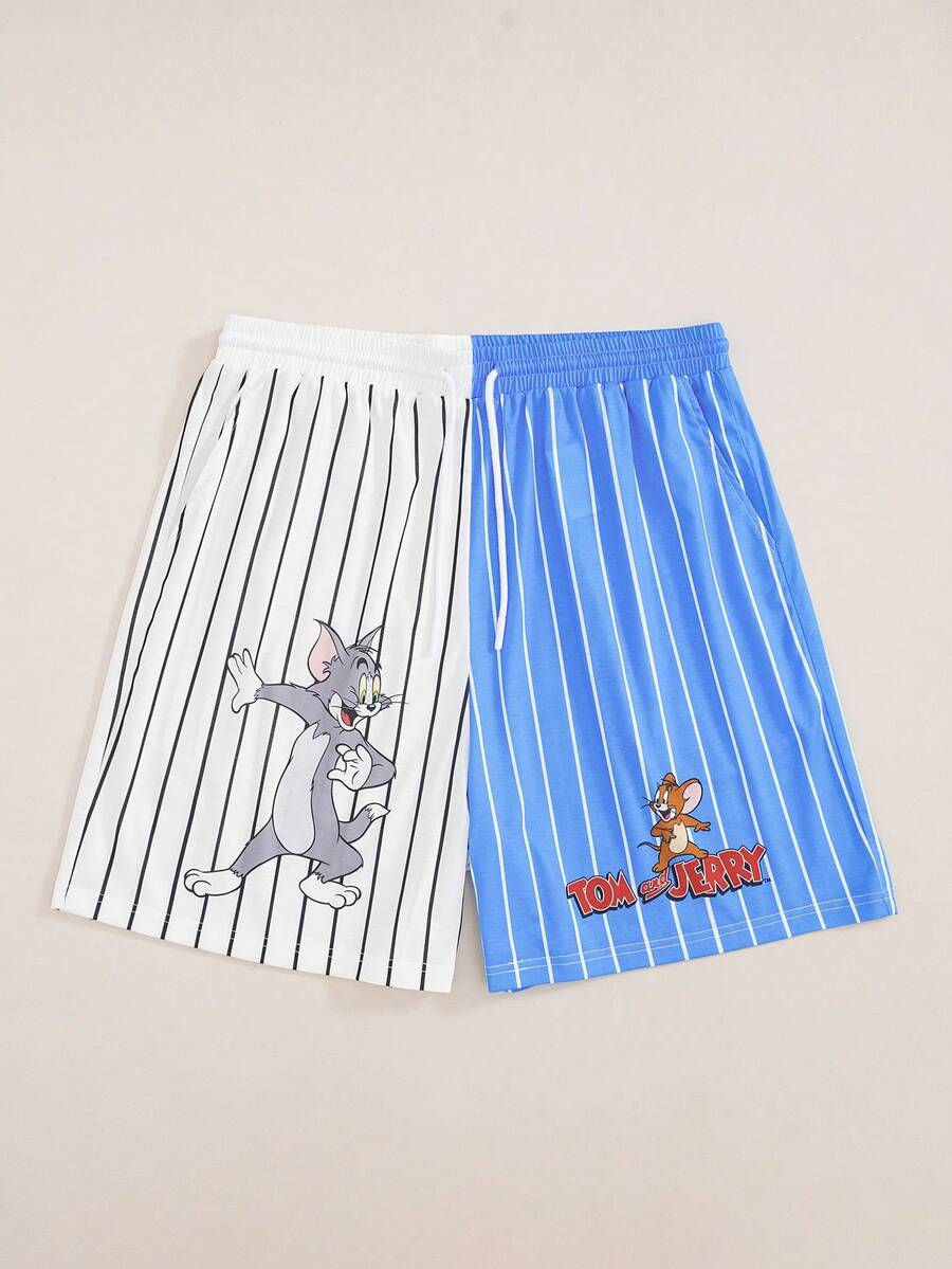 TOM & JERRY X SHEIN Men's Summer Casual Colorblock Patchwork Striped Cartoon Print Shorts - Blue - View 1