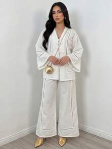 Duskaine 女士蝴蝶结拼接蕾丝边开衫衬衫和长裤两件套 - 白色 - 查看 3