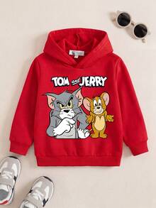 TOM & JERRY X SHEIN 年轻男孩休闲卡通猫和字母印花连帽运动衫，秋季 - 紅色 - 查看 1