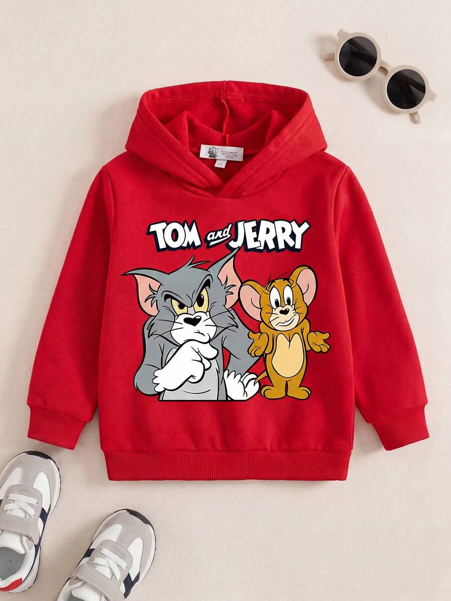 TOM & JERRY X SHEIN 年轻男孩休闲卡通猫和字母印花连帽运动衫,秋季 - 紅色 - 查看 1